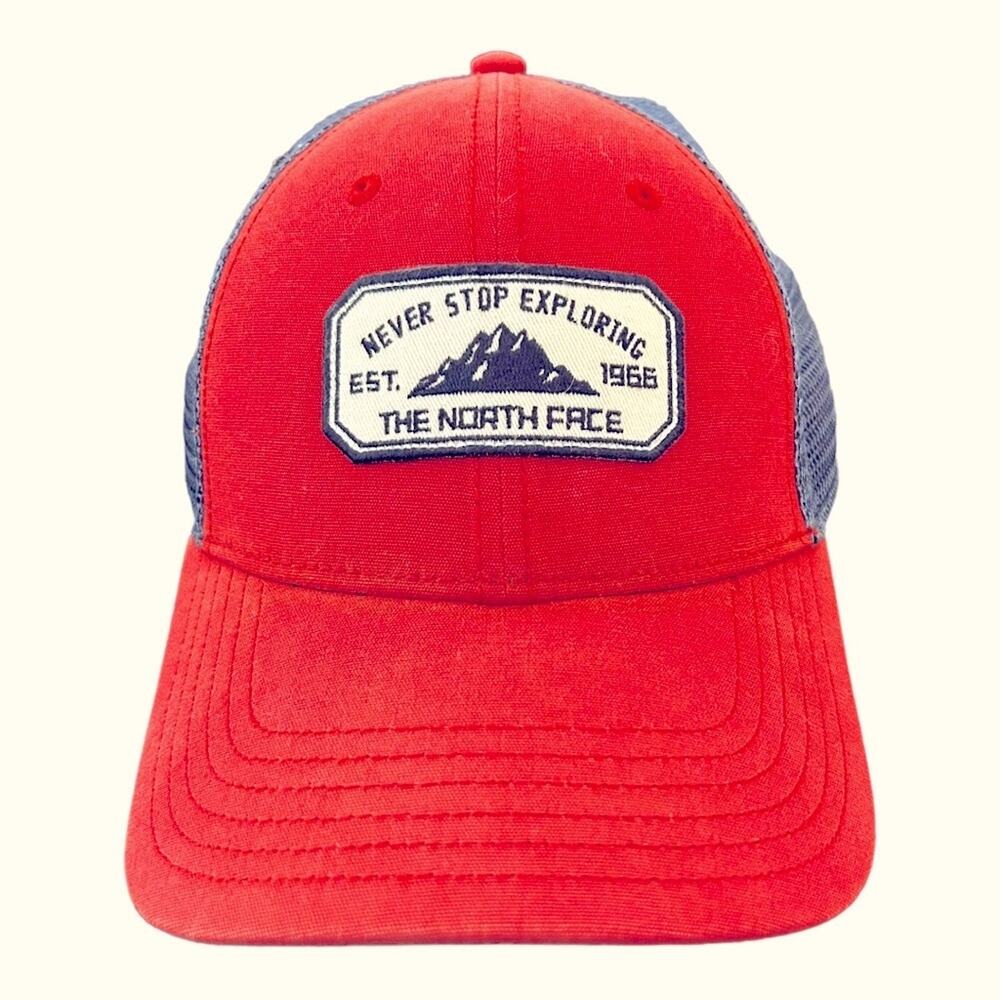 The North Face Patches Trucker Hat Never Stop Exploring Red Navy One Size